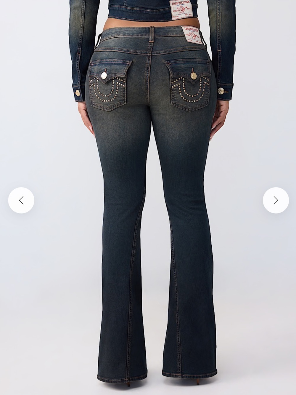 True Religion Women's Dark Blue Flare Jeans with Subtle Whiskering